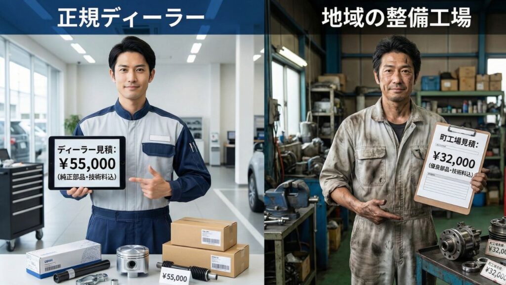 テールランプカバー交換の修理費用を見積もるために、ディーラーの整備士と街の整備工場のスタッフを比較しているイメージ。新品部品と中古パーツの価格差や工賃の違いを検討する様子。
