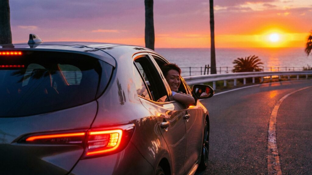  テールランプカバーの修理が完了し、夕暮れの海岸沿いを安全に走行している自動車。正常に点灯する赤いランプと、安心してハンドルを握るドライバーの様子で、早めの修理の大切さを表現。