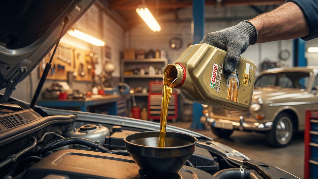 エンジンオイルを交換する様子。N-ONEターボの寿命を延ばすための大切なメンテナンス。