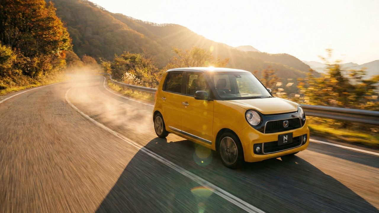 夕暮れの峠道をダイナミックに走行するN-ONEターボ。軽快な走りとスピード感を象徴するメイン画像。