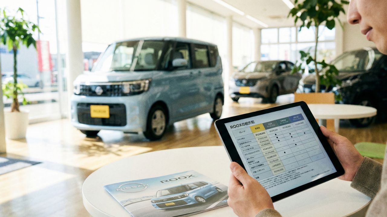 ディーラーでカタログやタブレットを見ながら、自分に合った車のグレードを検討する人の手元