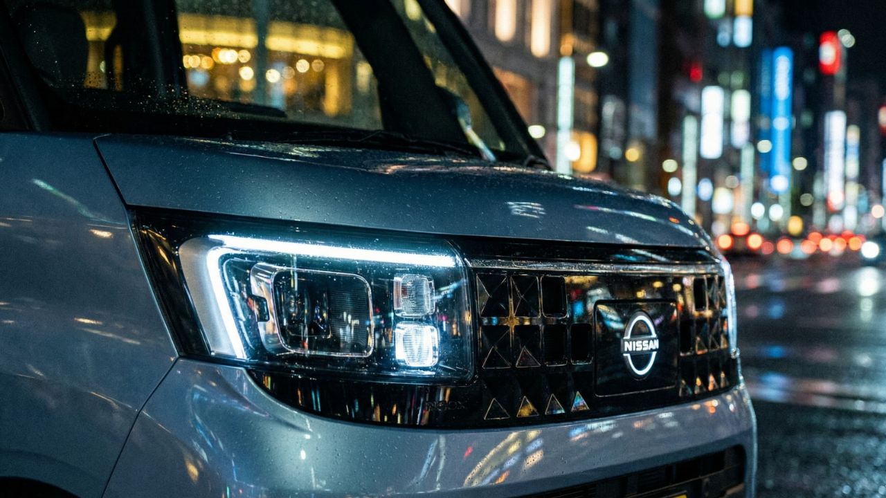  夜の街灯に照らされ、都会的で洗練された印象を与える日産ルークスのフロントマスク