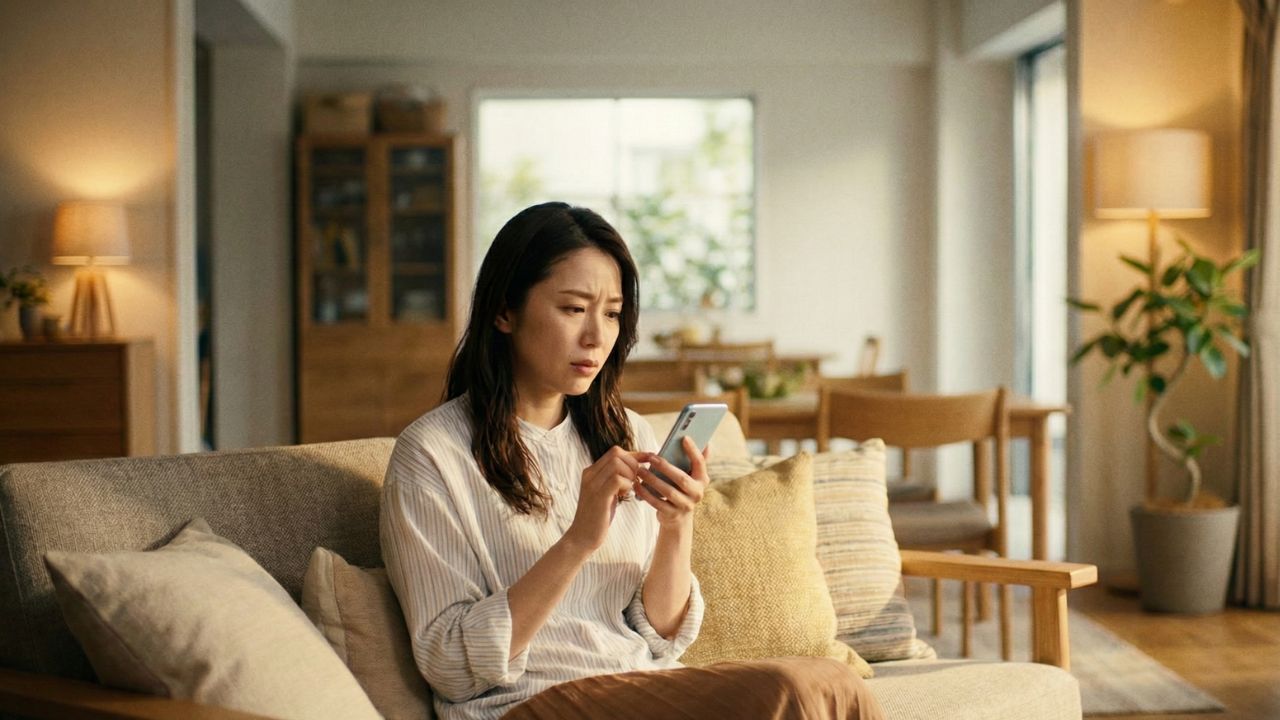 スマートフォンでルークスの欠点を検索し、真剣な表情で情報を確認する女性のイメージ