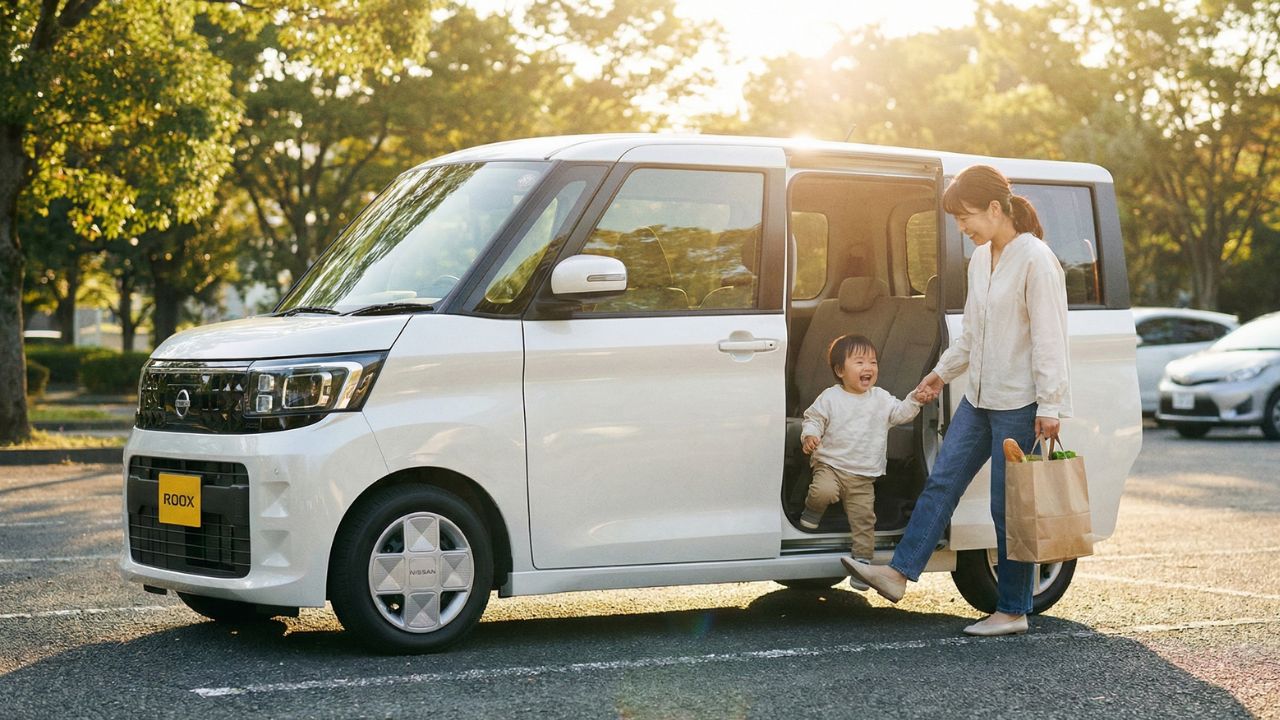買い物袋を持った母親が、足先でスライドドアを開けて子供と笑顔で接する家族の日常