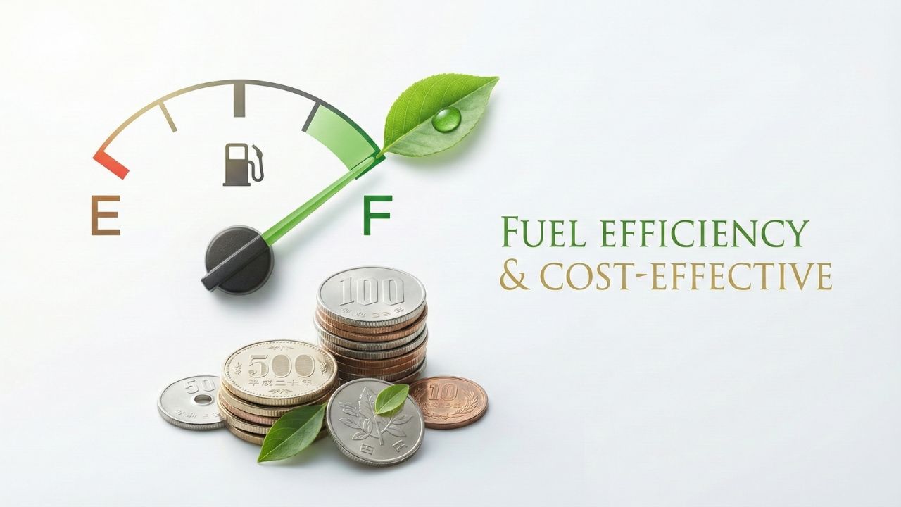  ガソリンの給油計と日本円をモチーフに、ターボ車の燃費と維持費のバランスを表現したイメージ画像