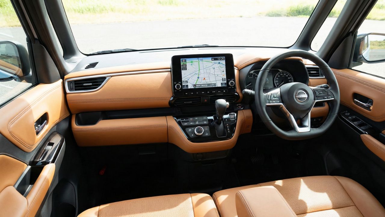 ルークスの高級感ある内装と、鮮やかな12.3インチ大型ディスプレイが目を引く運転席の様子