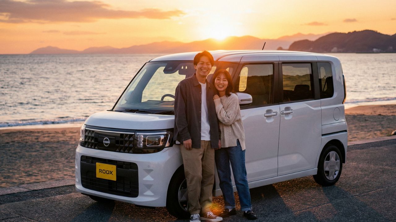 海辺の公園でルークスの横に立ち、満足そうな表情で休日を楽しむオーナーのイメージ