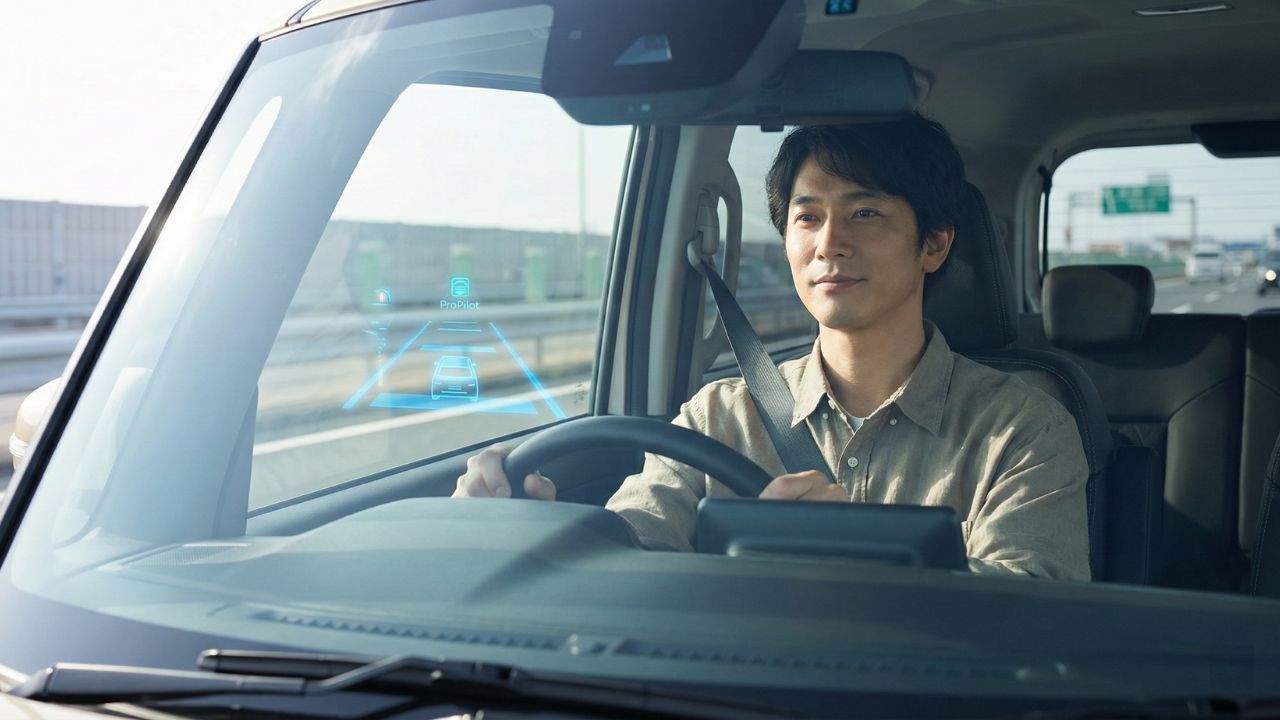 プロパイロット機能を使い、長距離移動の疲労を軽減しながらリラックスして運転する様子。