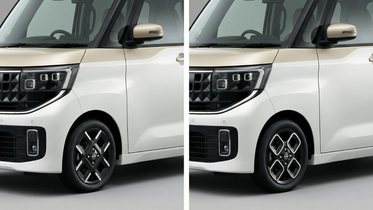 ルークスのターボ車とNA車の外観や装備の違いを、横並びで比較検討しているイメージ画像。