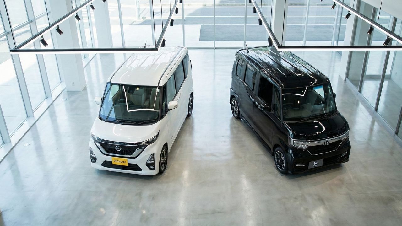  明るい展示場で並んで停車する、日産ルークスとホンダN-BOXをイメージした2台の軽自動車