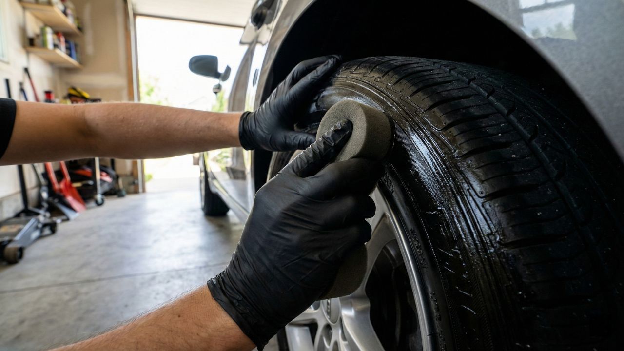 専用スポンジを使って、タイヤの側面にムラなく丁寧に水性ワックスを塗り込んでいる作業風景。