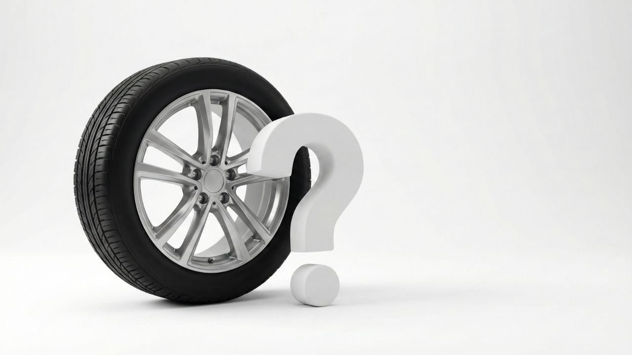 タイヤメンテナンスに関するよくある悩みや疑問を象徴する、タイヤとクエスチョンマークの図解。