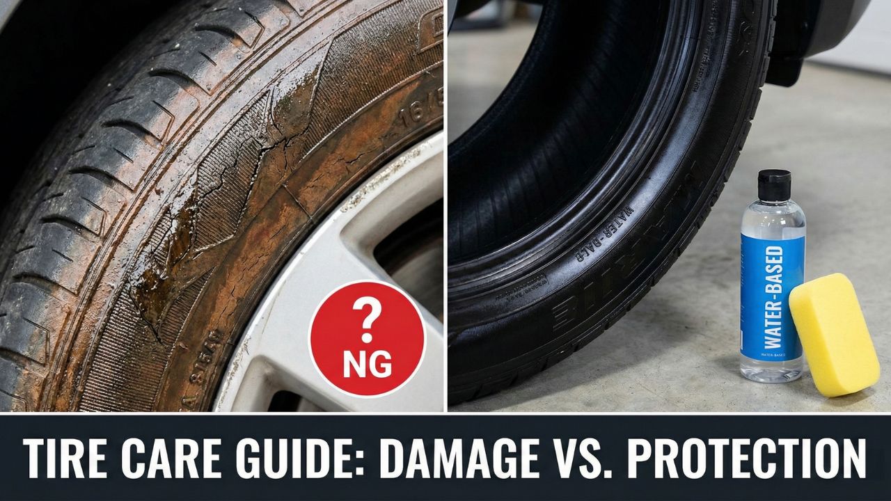 タイヤの劣化状態と自然な艶を比較し、ワックスの是非と正しい選び方を問うアイキャッチ画像。