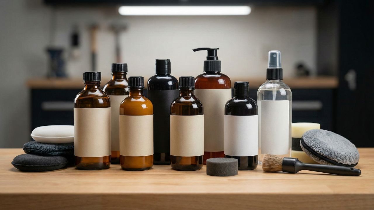 カーショップのように整然と並べられた、プロ推奨の水性タイヤワックス製品のラインナップ。