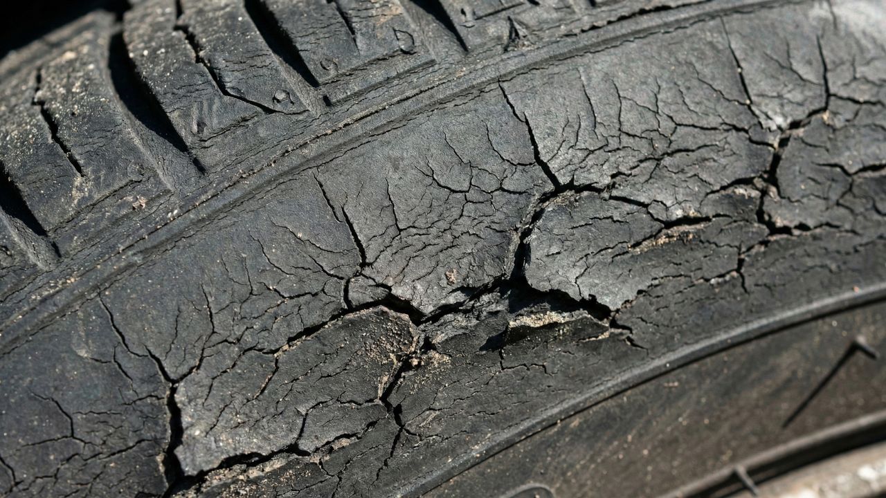 油性ワックスの影響でゴムが劣化し、細かいひび割れが無数に入ってしまったタイヤの側面のアップ。