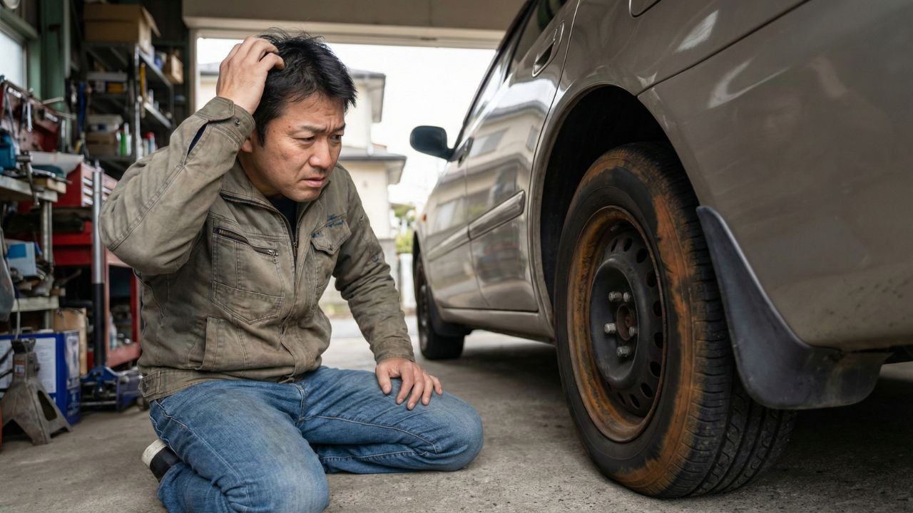 タイヤの茶色い変色を見て、ワックスを塗るべきか悩んでいる車のオーナーの様子。