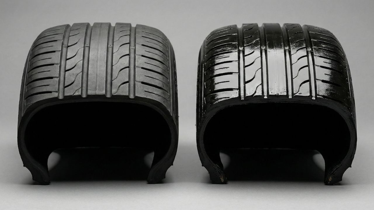 自然なしっとり艶の水性ワックスと、ギラギラした光沢の油性ワックスの仕上がりを比較した図。