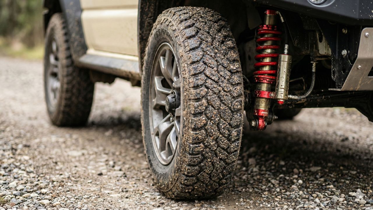 デリカミニ4WD専用の大径タイヤと専用開発ショックアブソーバーの力強さを強調したディテール画像。