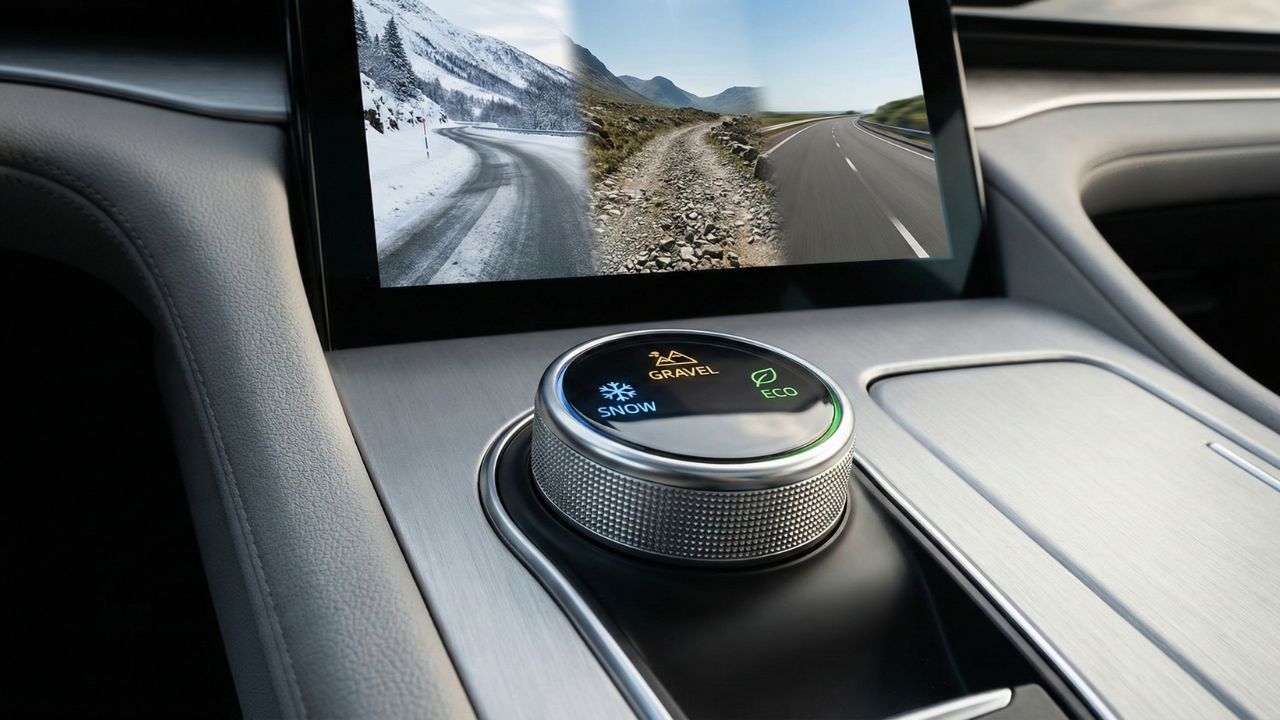 デリカミニの5つのドライブモード（SNOWやGRAVEL）を切り替えるスイッチと路面の変化のイメージ。