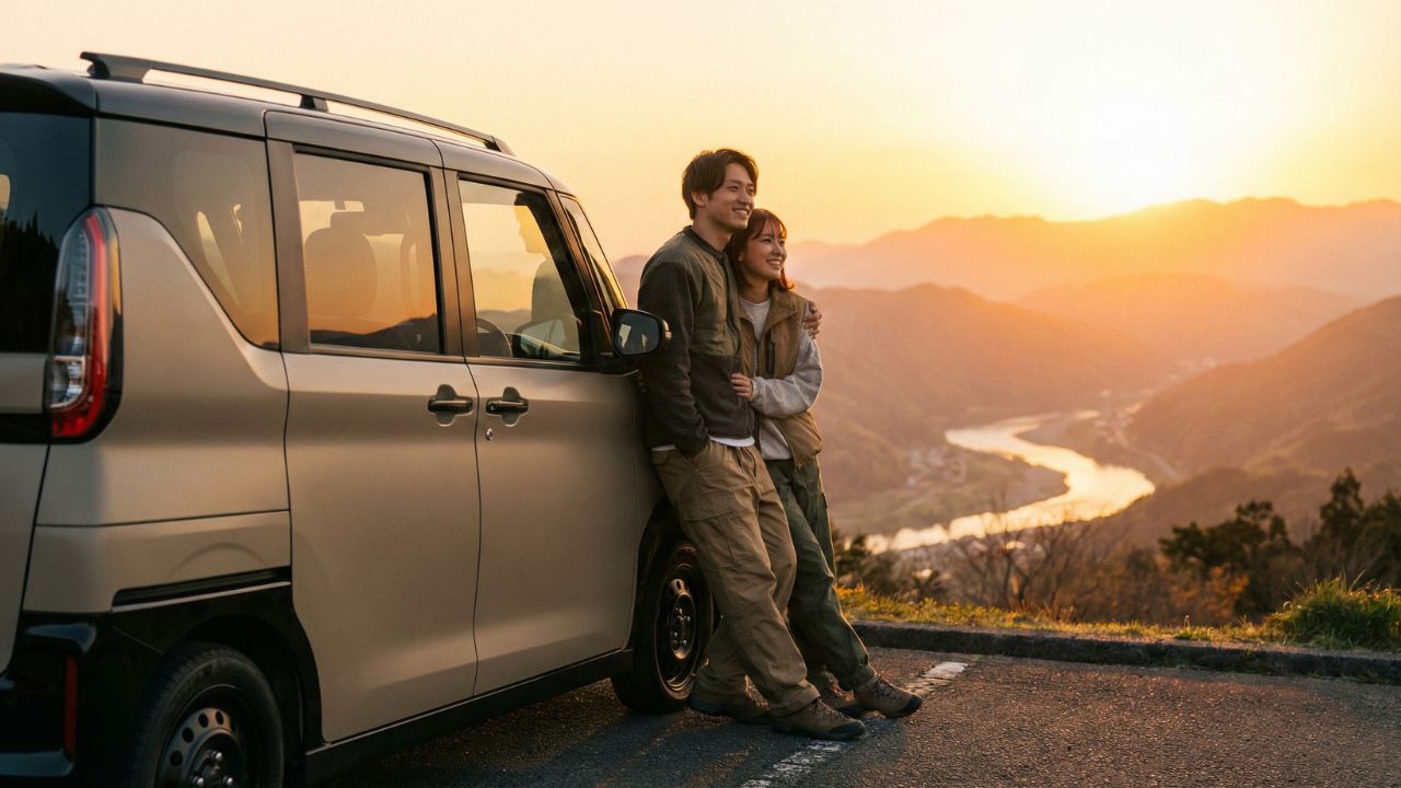 自分にぴったりのデリカミニを選び、満足した表情で車を眺めるオーナーのライフスタイル画像。