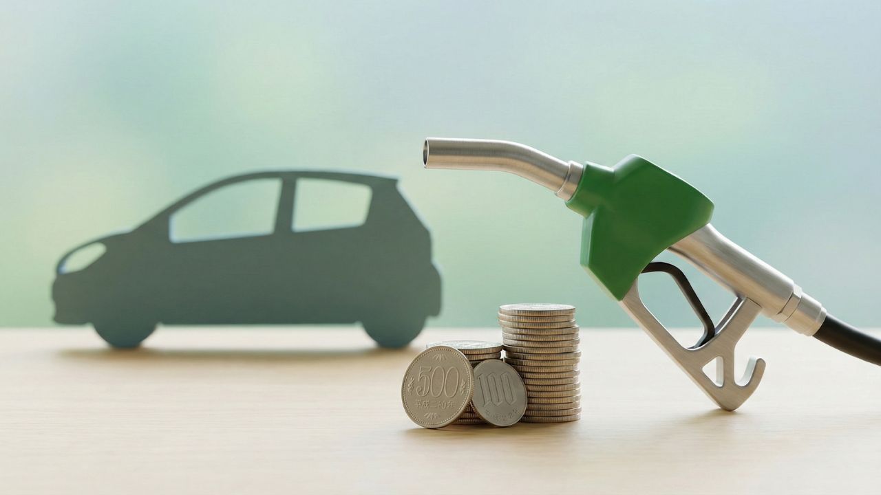 ガソリンスタンドと財布のアイコンを背景に、燃費とコストパフォーマンスを表現したイメージ画像。