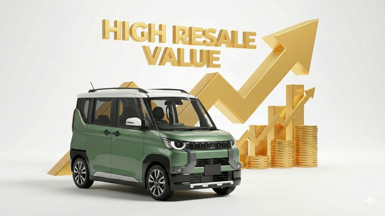 中古車市場での人気の高さと、売却時の高い資産価値を表現した上昇グラフと車のイメージ画像。