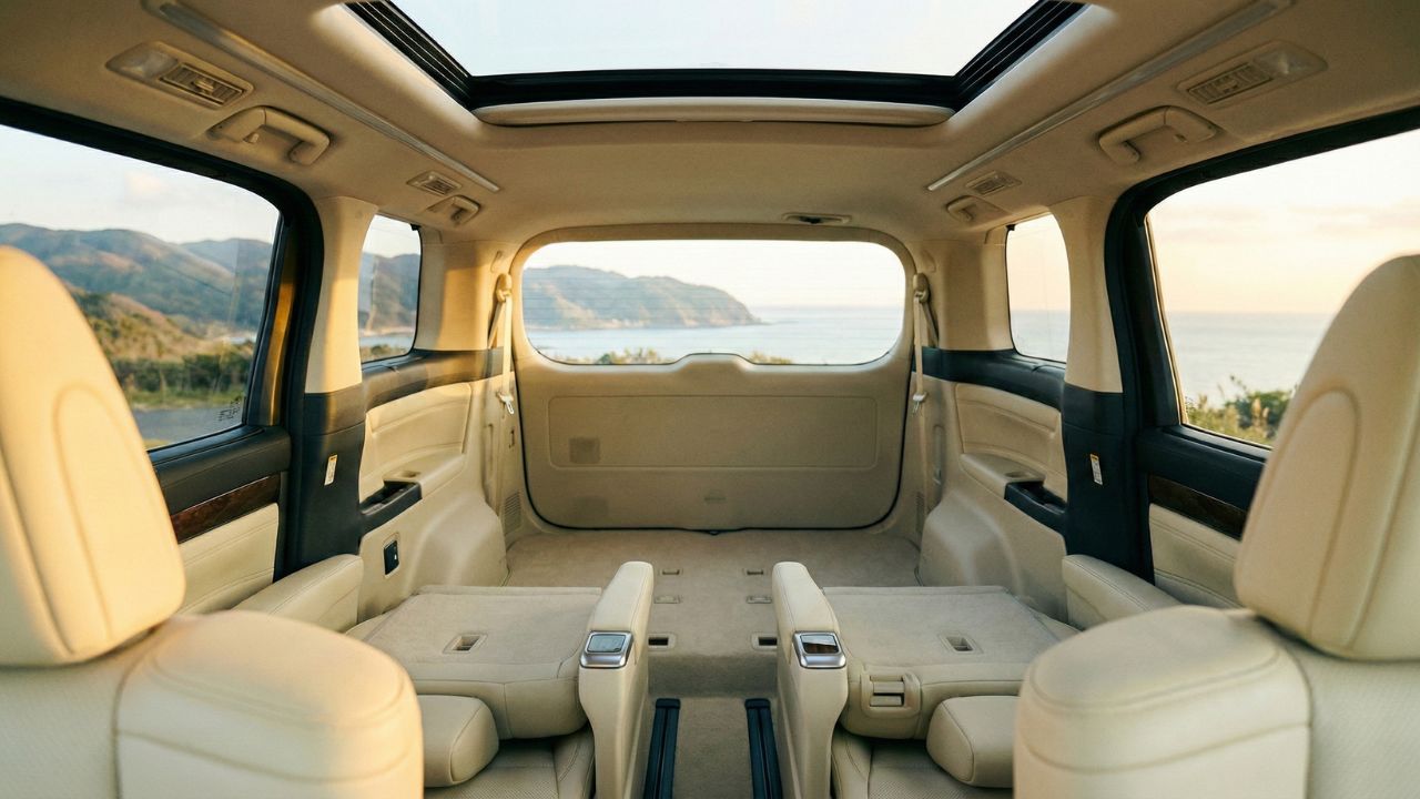 デリカミニの車内でリラックスしてドライブを楽しむ家族の様子と、フラットな走行イメージの画像。