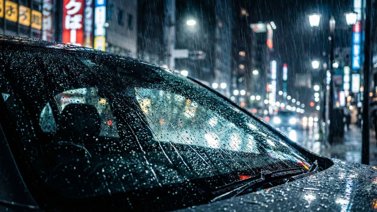 雨天時のフロントガラスに広がる水玉と、クリアな視界を確保したプロフェッショナルな車のイメージ