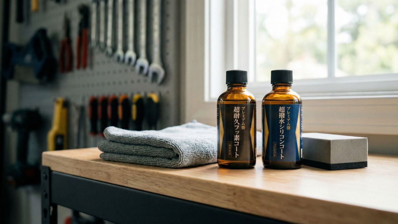 フッ素系やシリコン系など、用途別に並んだガラコシリーズのボトルラインナップ