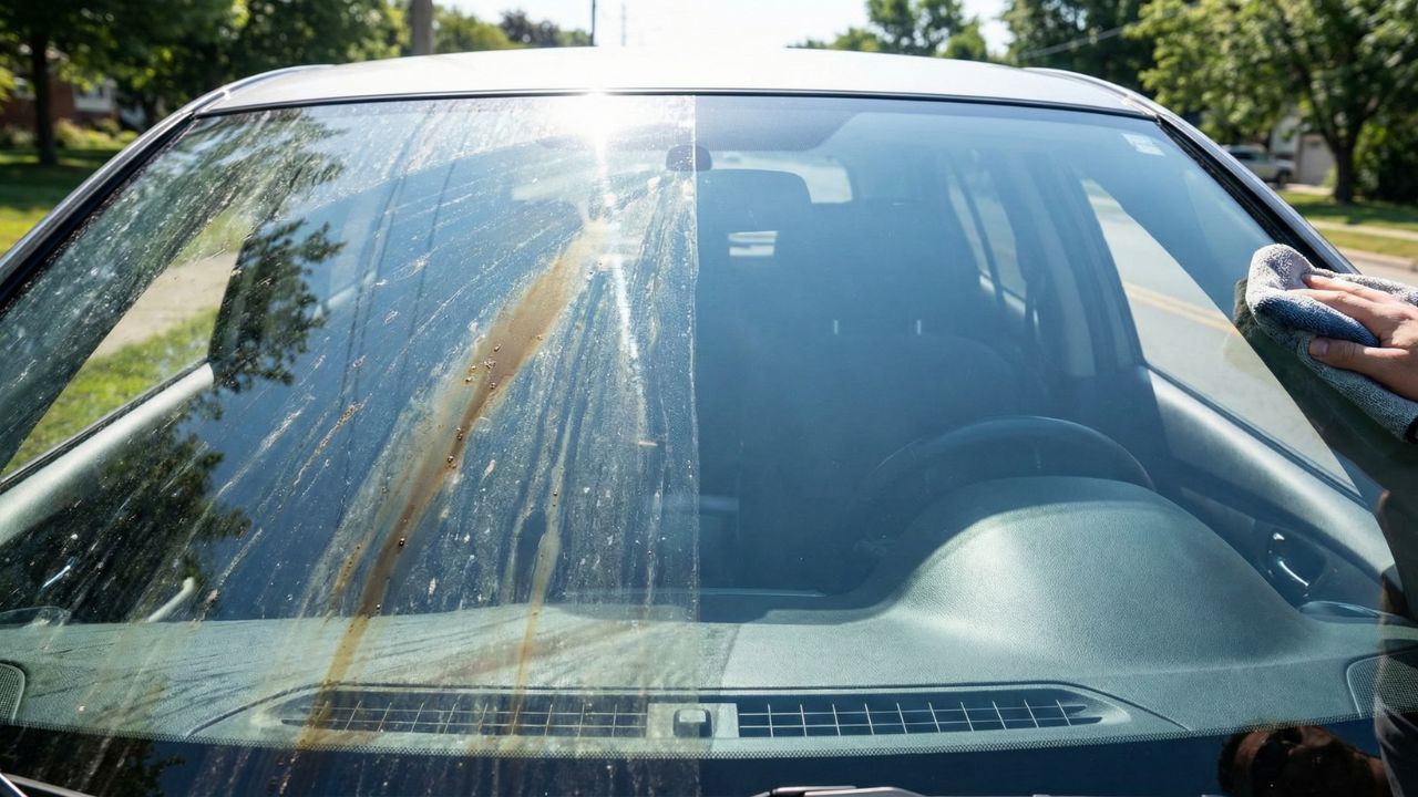  古いコーティングや油膜をリセットし、フロントガラスの半分が完全にクリアになったビフォーアフター