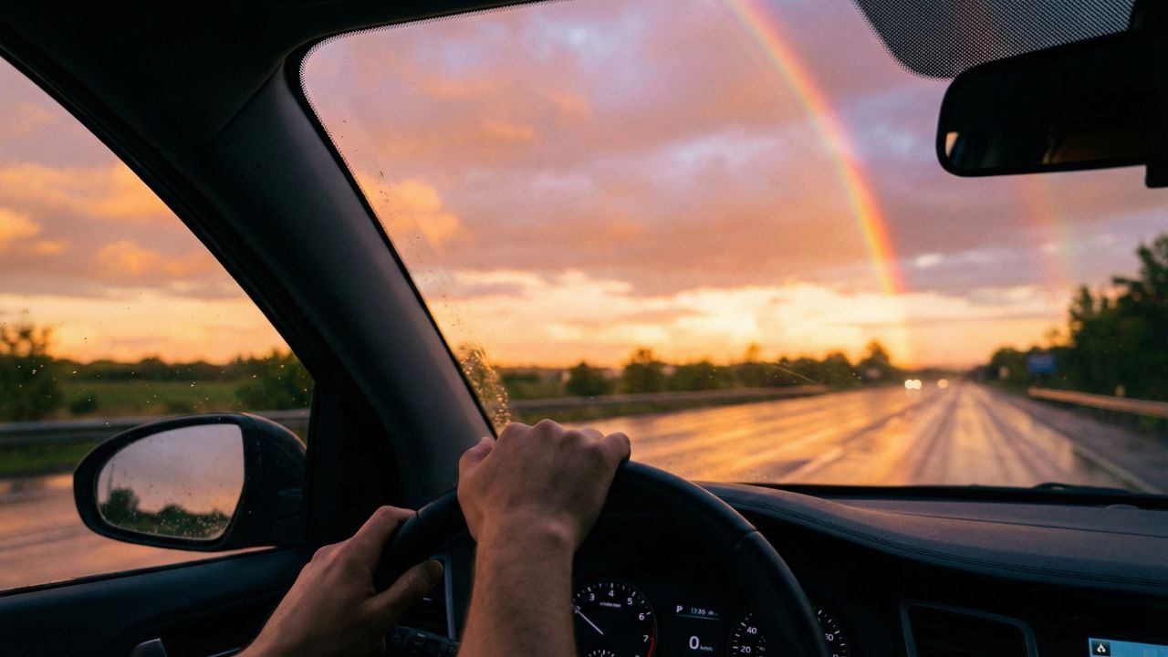 雨上がりの美しい景色をクリアな視界で眺める、安全で快適なドライブのイメージ