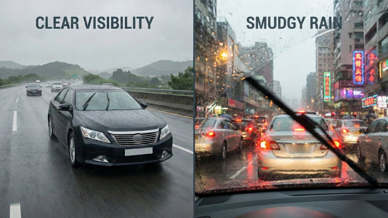 高速道路と市街地の雨天走行を比較し、撥水コーティングの向き不向きを示すイメージ画像