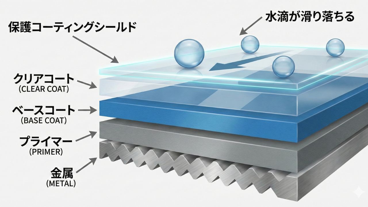 コーティングの仕組み。親水・滑水コーティングが汚れからボディを守る様子を描いた図解。