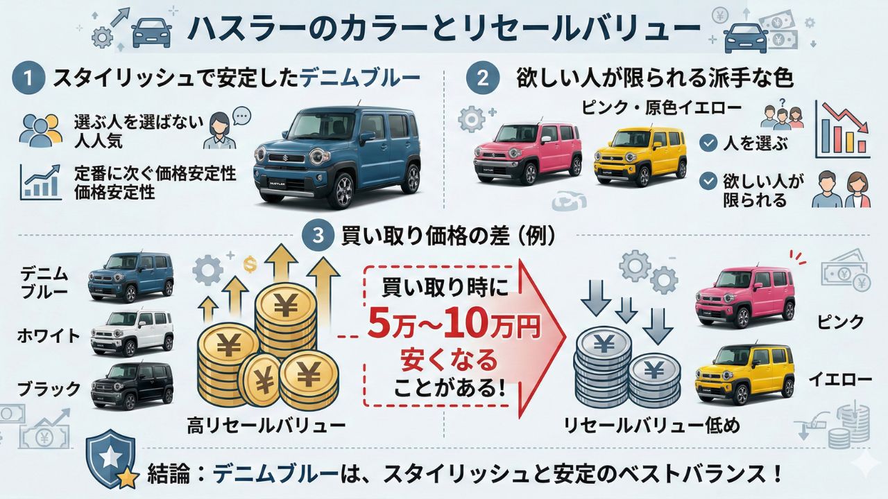 カラー別リセール比較。不人気色と比べて査定額が有利になりやすいことを示す棒グラフ。