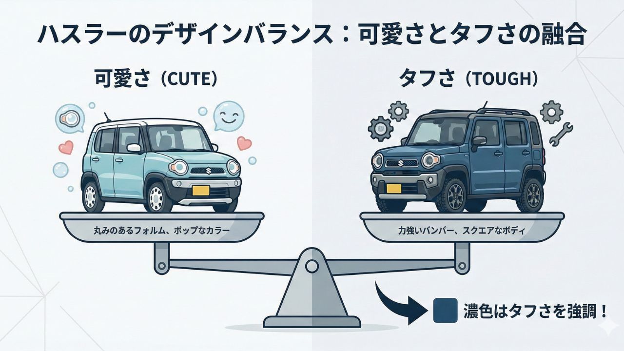 ハスラーのデザイン要素「可愛さ」と「タフさ」のバランス図。濃色はタフさを強調することを示す図解。