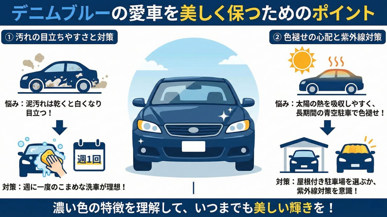 メンテナンスの注意点。週1回の洗車推奨と紫外線対策の必要性を示すインフォグラフィック。
