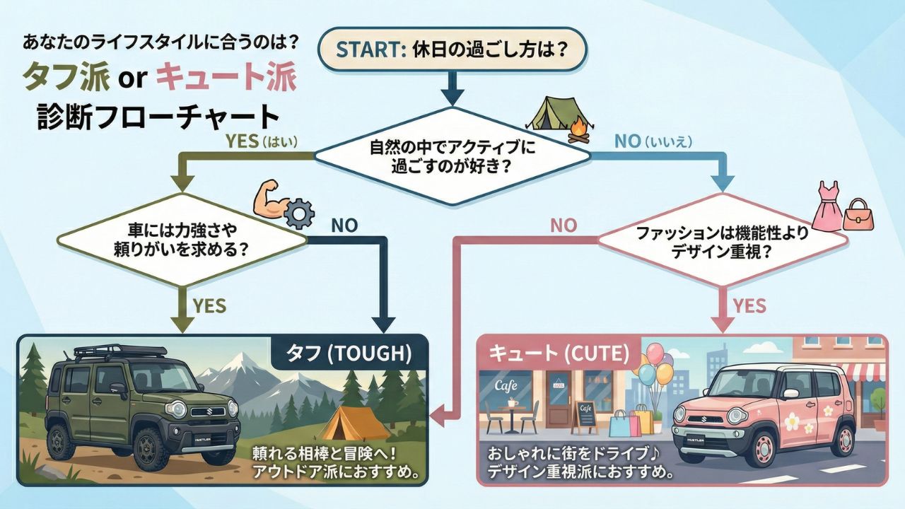 あなたに合うのはどっち？ライフスタイルや好みから選ぶデニムブルーとオフブルーの診断チャート。