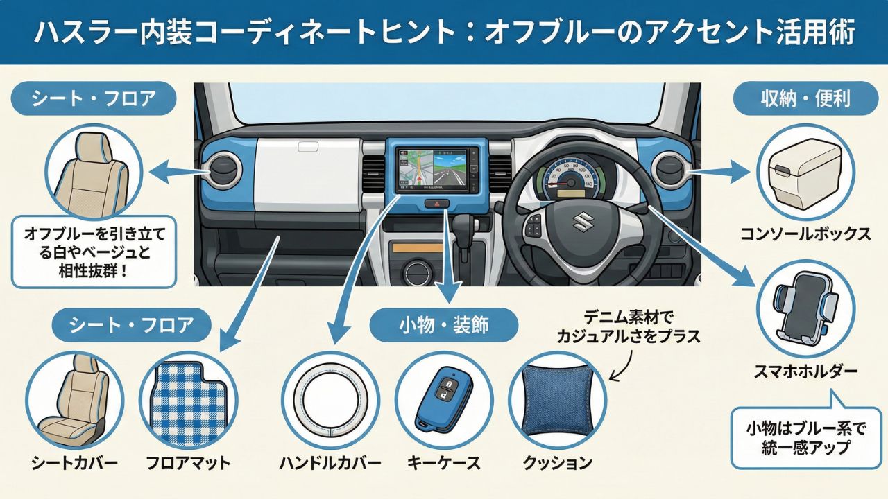内装コーディネートのヒント。オフブルーのアクセントを活かしたアクセサリー選びの図解。
