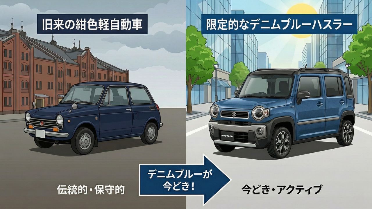 : 旧来の紺色セダンと現代的なSUVのイメージ比較図。デニムブルーがいかに今どきかを示すイラスト。