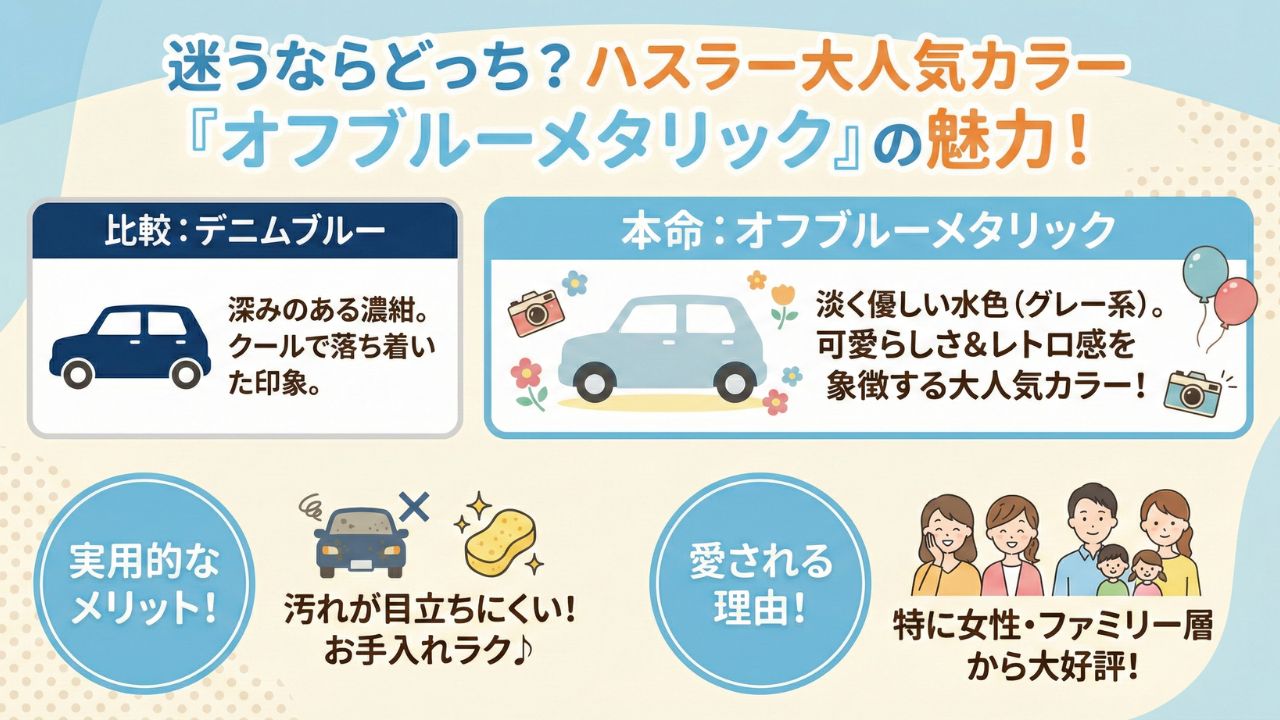 オフブルーのイメージ図。レトロ、可愛い、メンテナンスが楽という特徴をアイコンで表現。