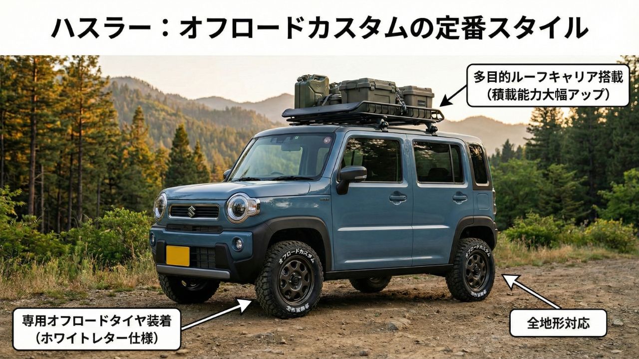 オフロードカスタムの定番。ホワイトレタータイヤとルーフキャリアによるスタイルアップの図解。