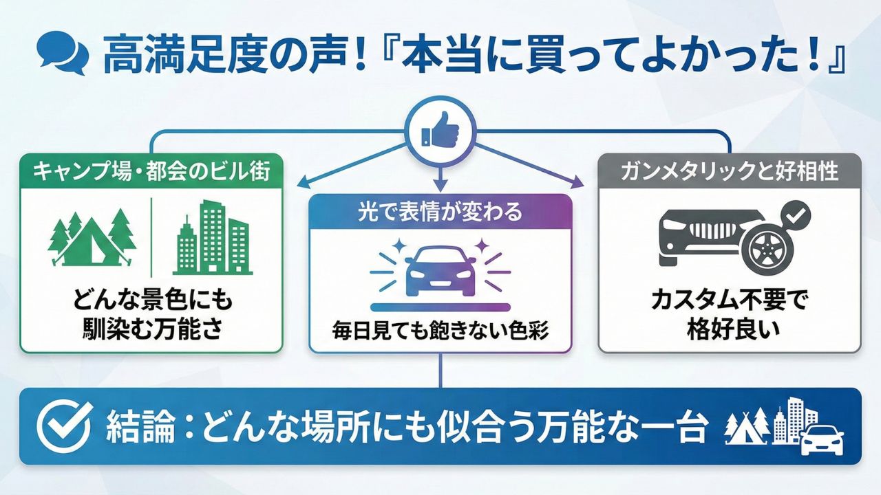 デニムブルーの良い評判まとめ。街乗り、キャンプ、ファッション性の3つの満足ポイントを図解。