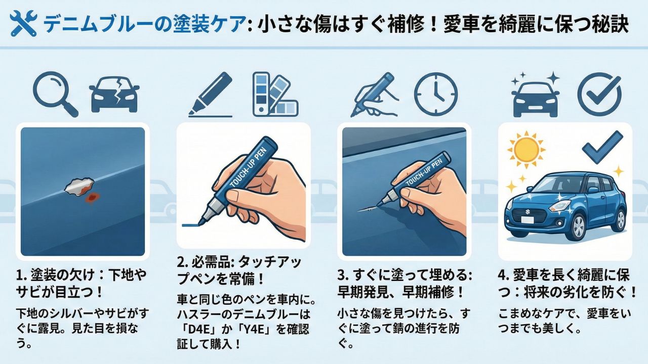 小さな傷を自分で直すタッチアップペンの使い方。サビを防ぐための早期補修を推奨するイラスト