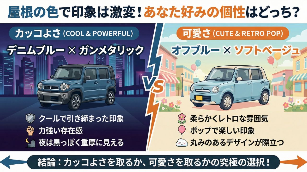 ルーフカラーによる印象の違い。デニムブルーの「クール」とオフブルーの「スウィート」の比較図。