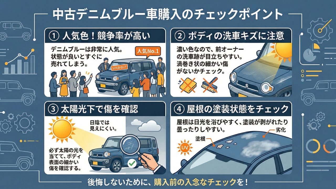 中古車選びのチェックポイント。洗車傷、ルーフの状態、修復歴を確認する場所を図解。