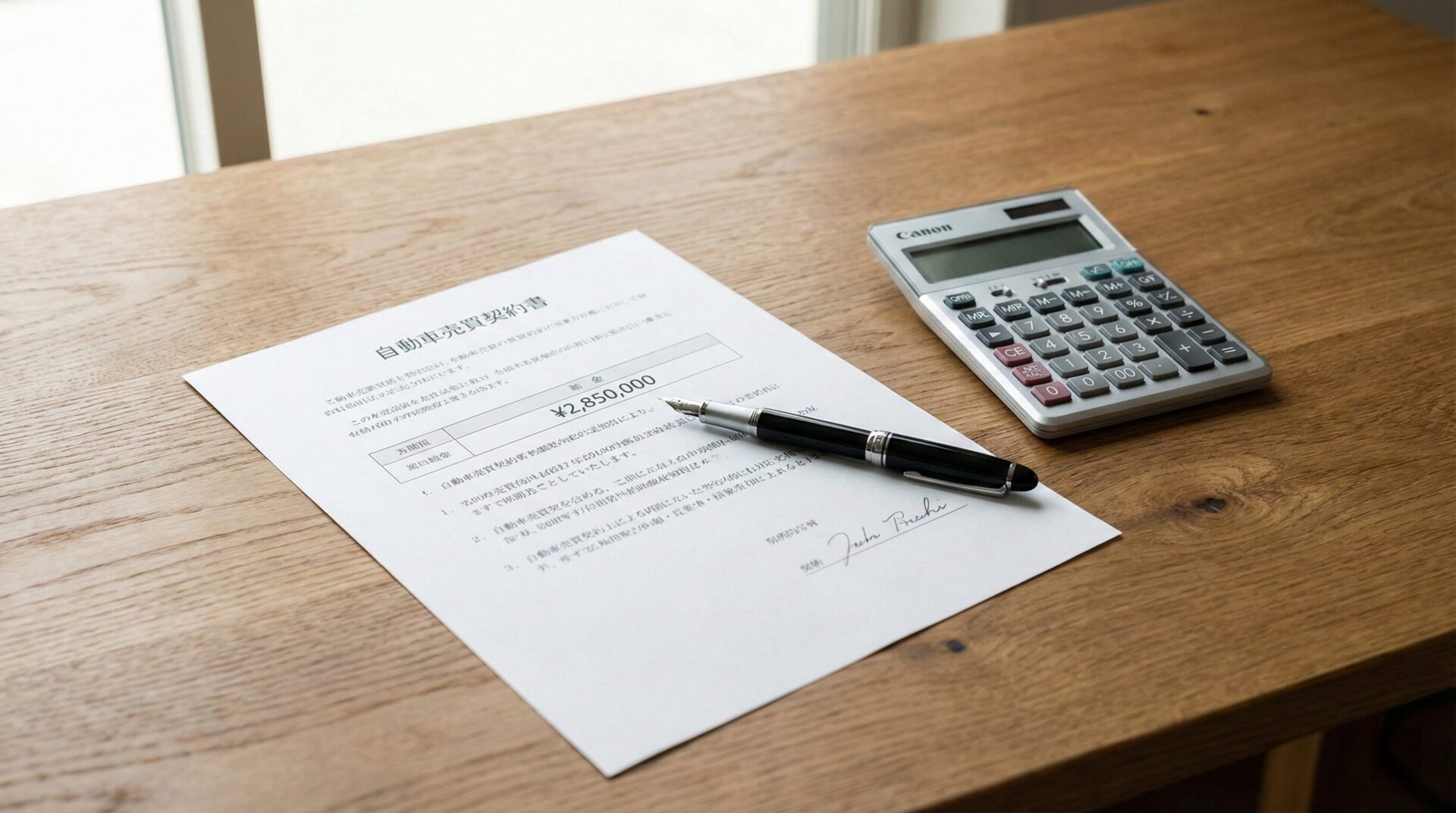 契約書とペン、電卓を前にして、安心できるキャンセルルールを確認する清潔感ある卓上。