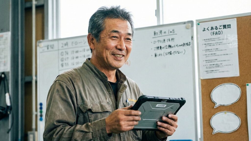 ユーザーの疑問に親身に答える、ベテランの整備士やディーラー担当者の安心感ある笑顔。