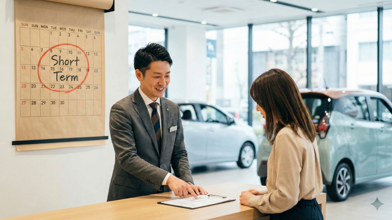 販売店スタッフと握手を交わし、納車を早めるための秘策を相談する頼もしい雰囲気。