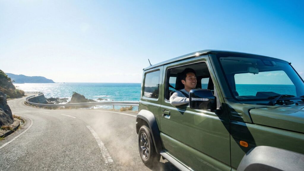 理想のジムニーを手に入れ、美しい自然の中を軽快に走り抜ける爽快なドライブシーン。