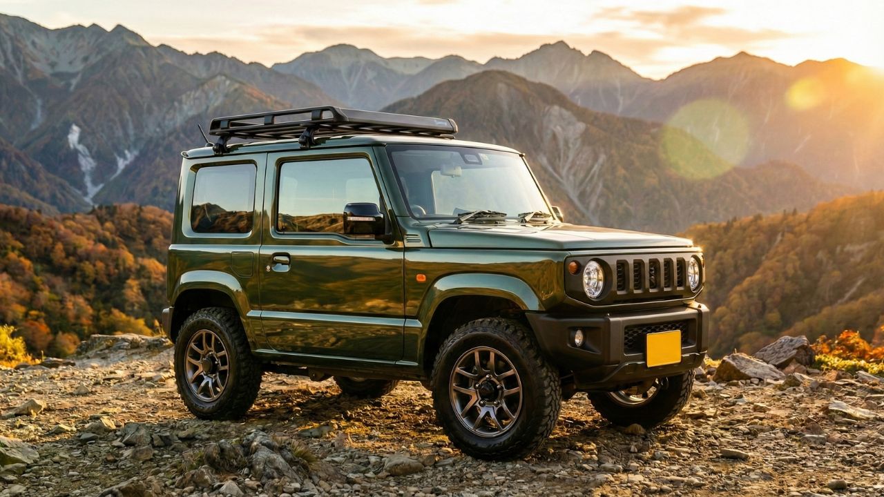 高いリセール価値を象徴する、ピカピカに磨かれたジャングルグリーンのジムニー。